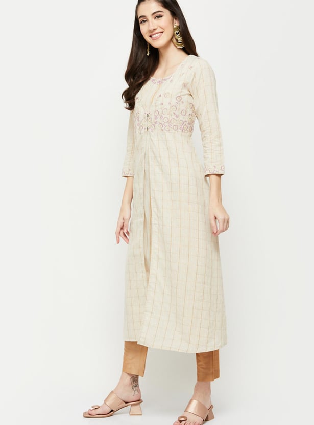 Women Striped A-line Kurta with Embroidered Long Jacket