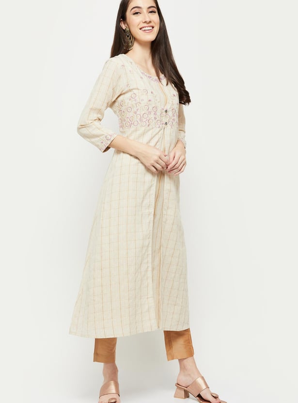 Women Striped A-line Kurta with Embroidered Long Jacket