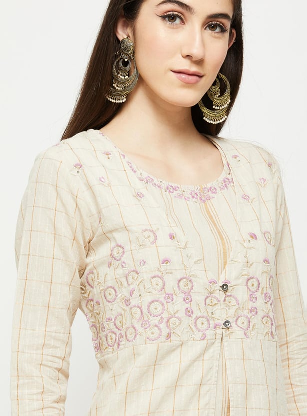 Women Striped A-line Kurta with Embroidered Long Jacket