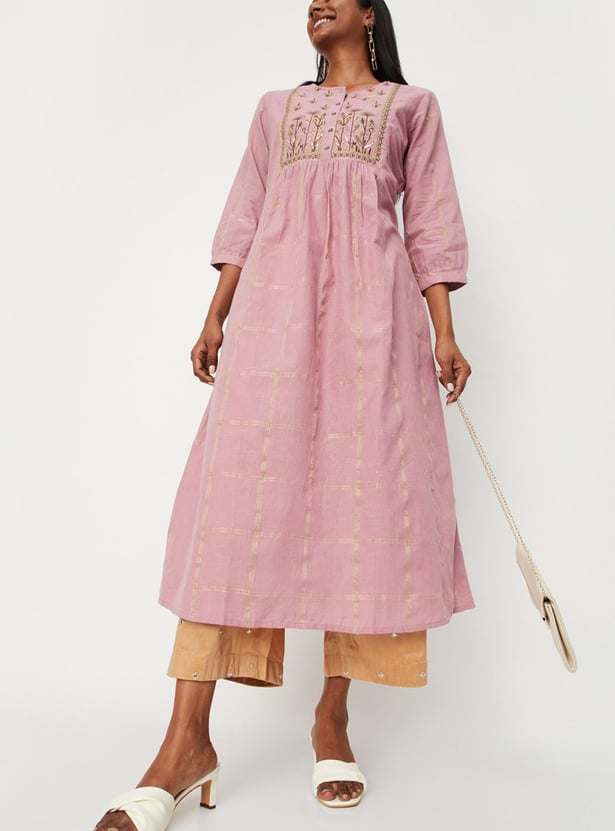 Women Embroidered Gathered A-line Kurta