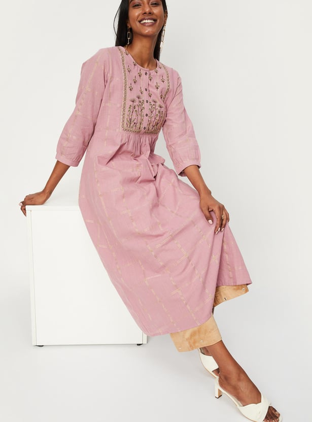 Women Embroidered Gathered A-line Kurta