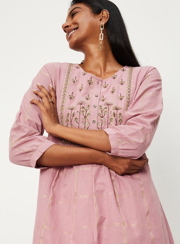 Women Embroidered Gathered A-line Kurta