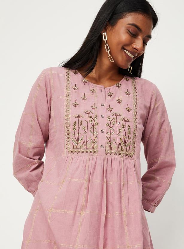 Women Embroidered Gathered A-line Kurta
