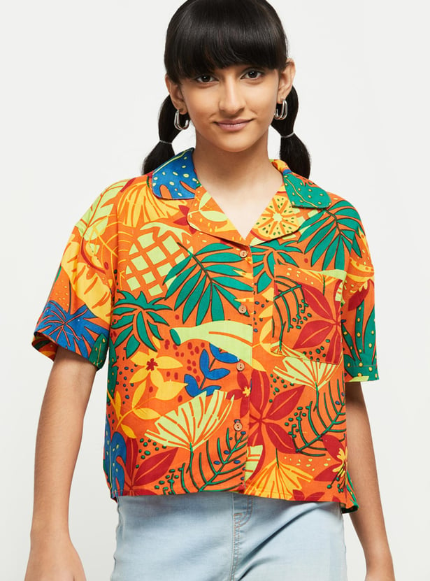 Girls Tropical Printed Half Sleeves Casual Shirt