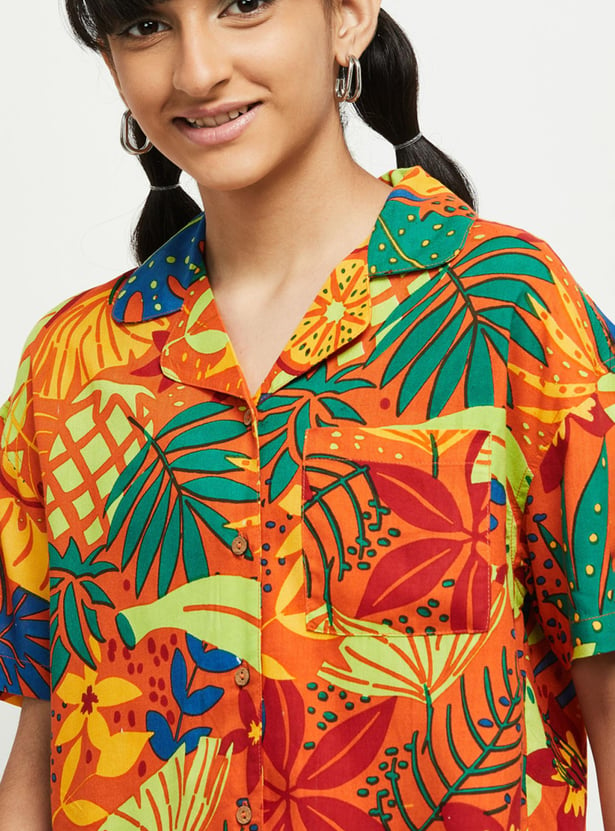 Girls Tropical Printed Half Sleeves Casual Shirt