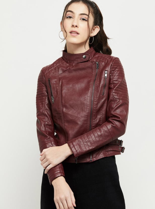 Women Solid Full Sleeves Biker Jacket