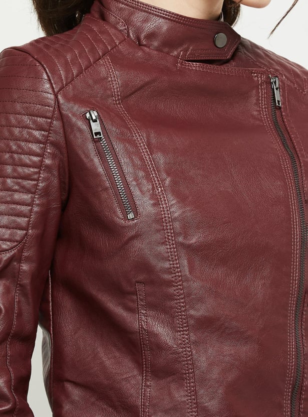 Women Solid Full Sleeves Biker Jacket