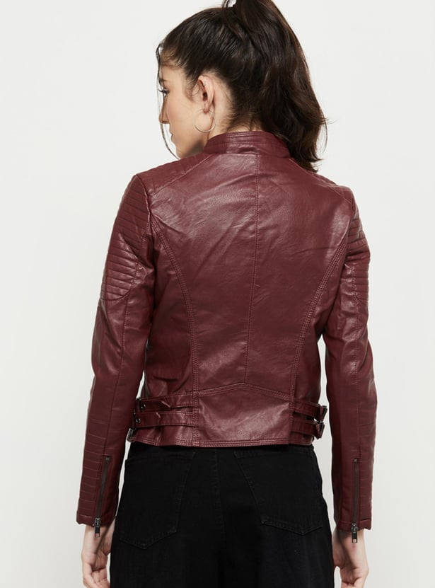 Women Solid Full Sleeves Biker Jacket