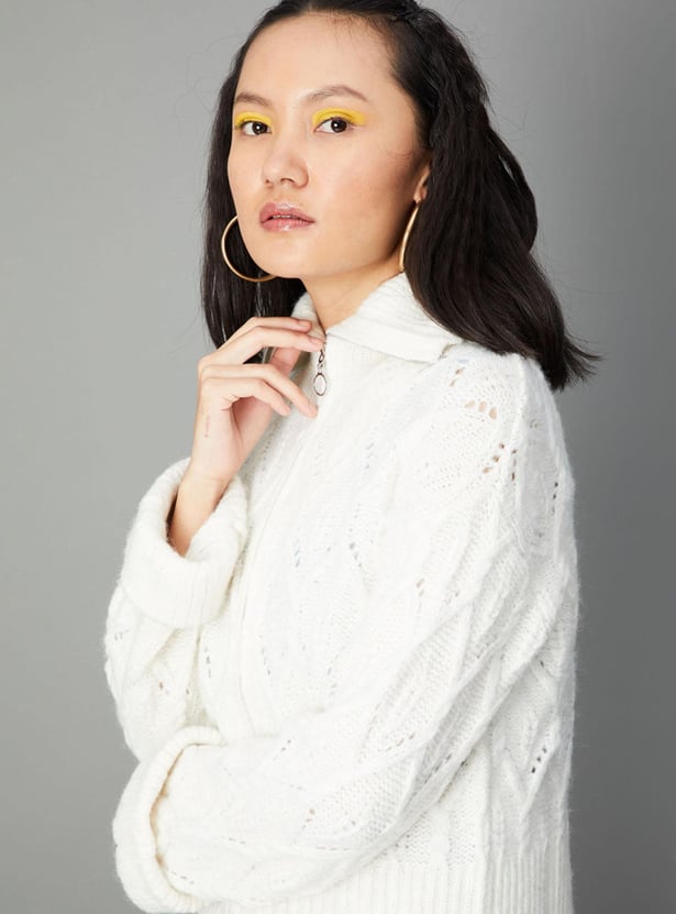 Women Textured Knit Boxy Jacket