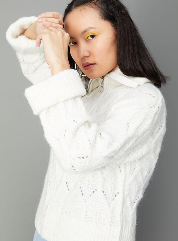 Women Textured Knit Boxy Jacket