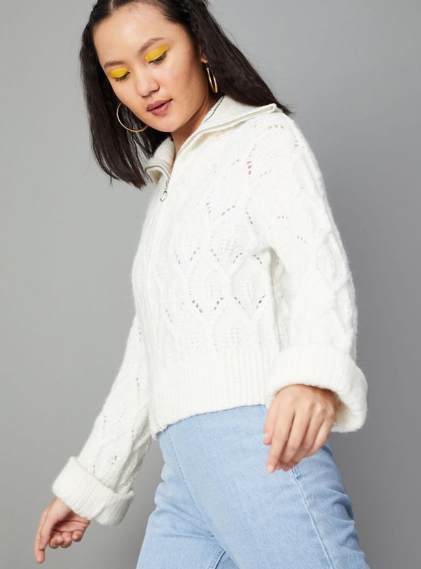 Women Textured Knit Boxy Jacket