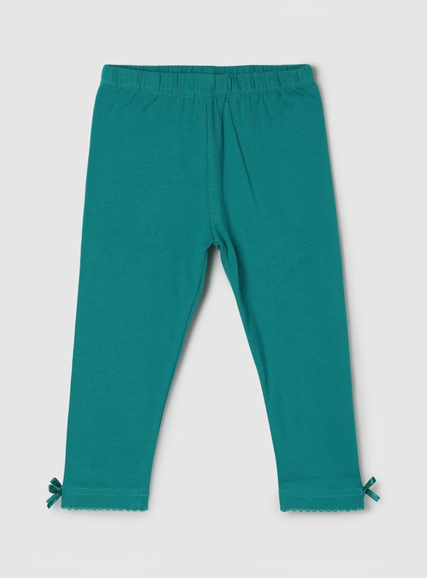 Girls Solid Lace-Detail Elasticated 3/4th Leggings