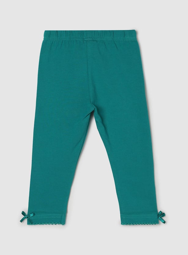 Girls Solid Lace-Detail Elasticated 3/4th Leggings