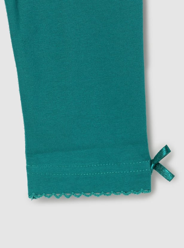 Girls Solid Lace-Detail Elasticated 3/4th Leggings