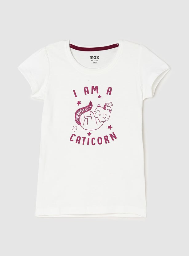 Girls Pure Cotton Typographic Printed T-shirt