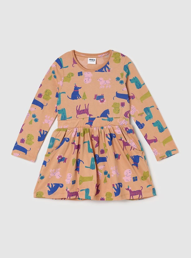 Girls Printed Fit and Flare Dress with Long Sleeves