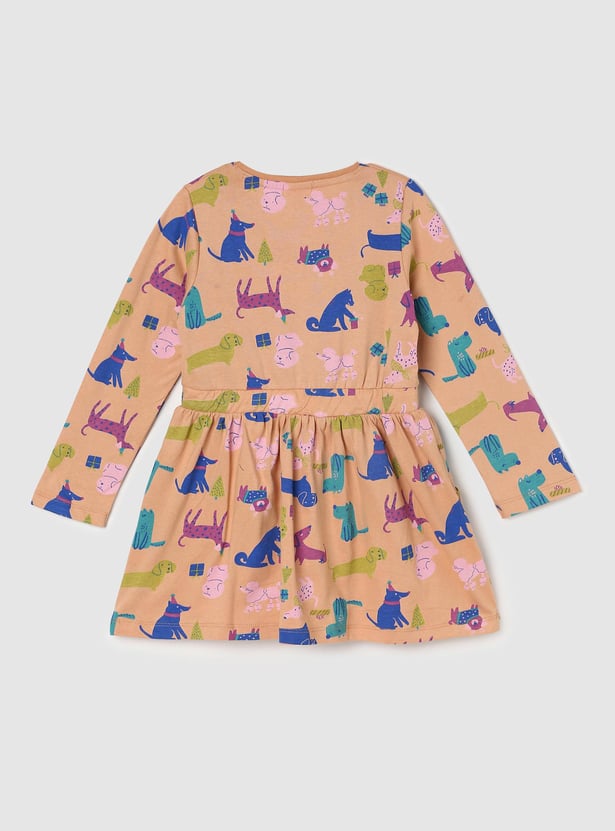 Girls Printed Fit and Flare Dress with Long Sleeves