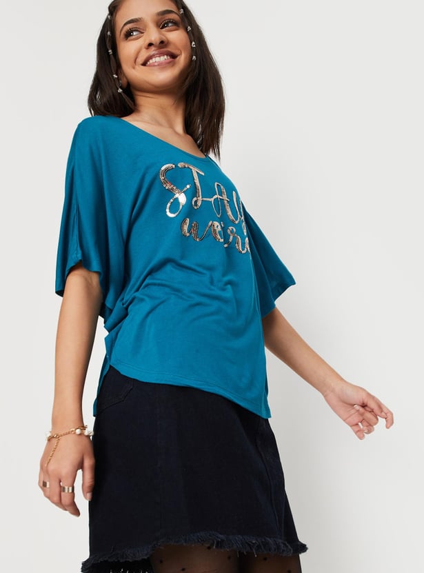 Girls Sequin Embellished Round Neck Casual Top