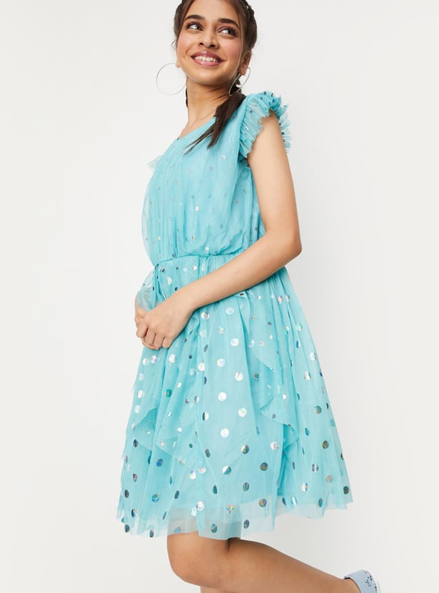 Girls Foil Printed Ruffled Dress