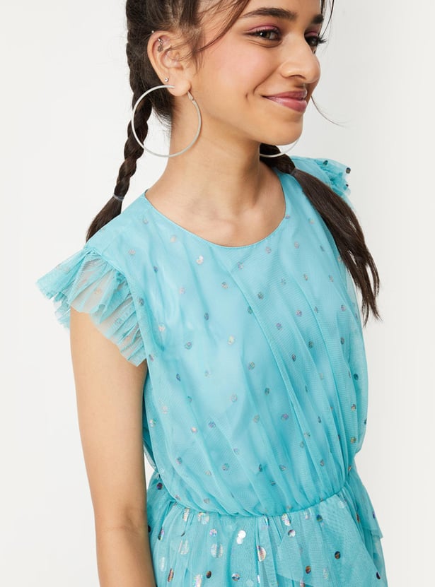 Girls Foil Printed Ruffled Dress