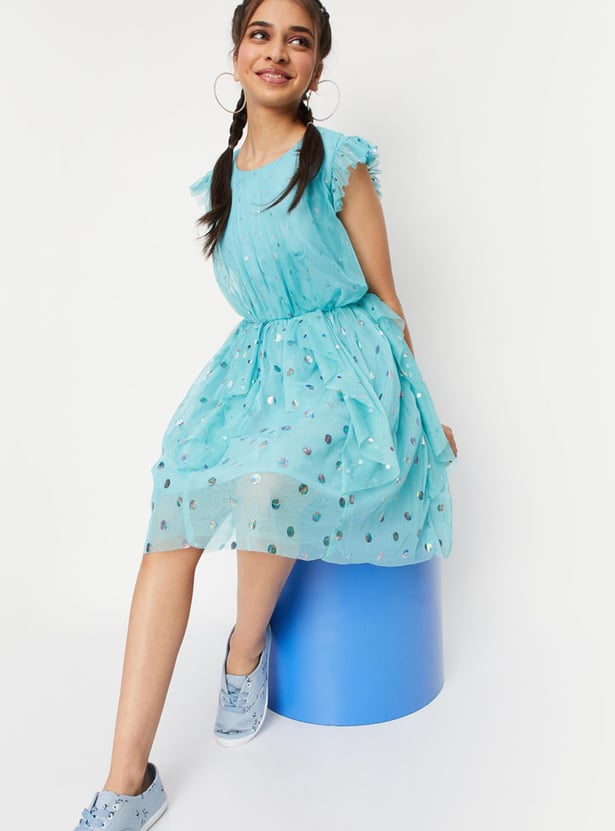 Girls Foil Printed Ruffled Dress