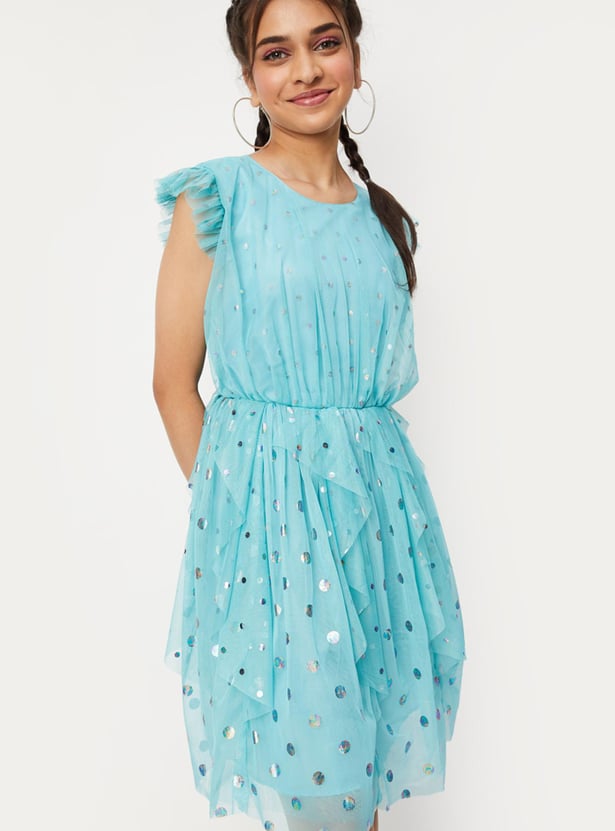 Girls Foil Printed Ruffled Dress