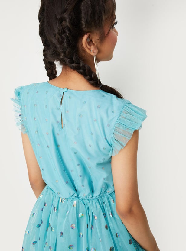 Girls Foil Printed Ruffled Dress