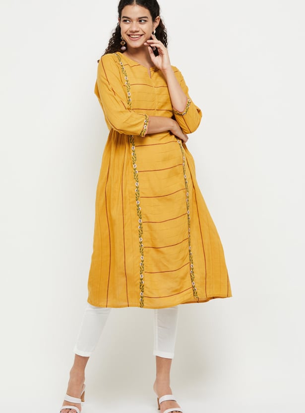 Women Embroidered Three-Quarter Sleeves A-Line Kurta