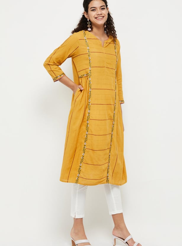 Women Embroidered Three-Quarter Sleeves A-Line Kurta