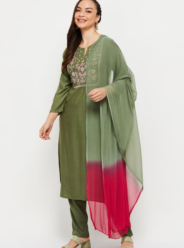 Women Embroidered Straight Kurta with Elasticated Pants and Dupatta