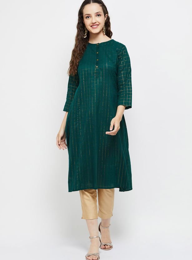 Women Striped Three-Quarter Sleeves Straight Kurta
