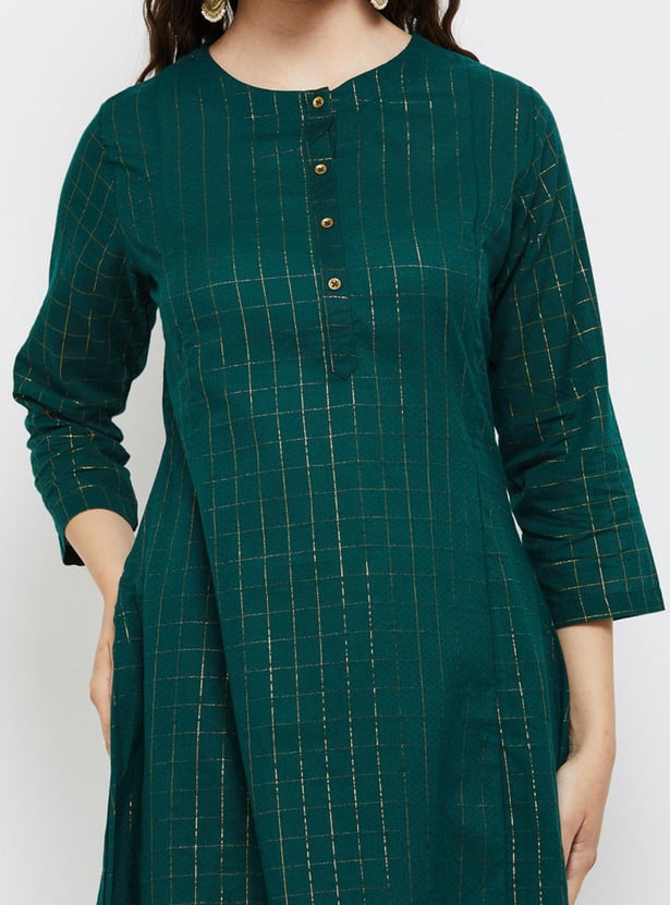 Women Striped Three-Quarter Sleeves Straight Kurta
