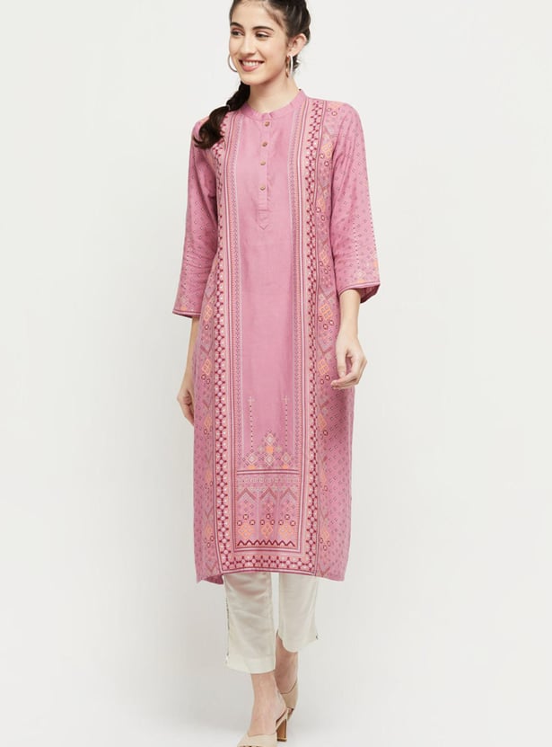 Women Printed Band Collar Straight Kurta