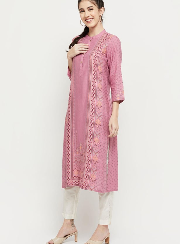 Women Printed Band Collar Straight Kurta