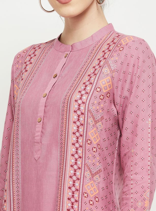 Women Printed Band Collar Straight Kurta
