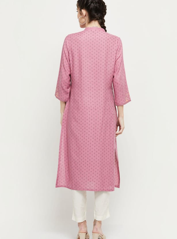 Women Printed Band Collar Straight Kurta