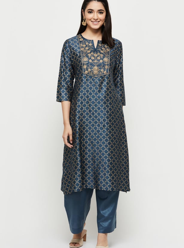 Women Embroidered Three-Quarter Sleeves Straight Kurta with Palazzos 