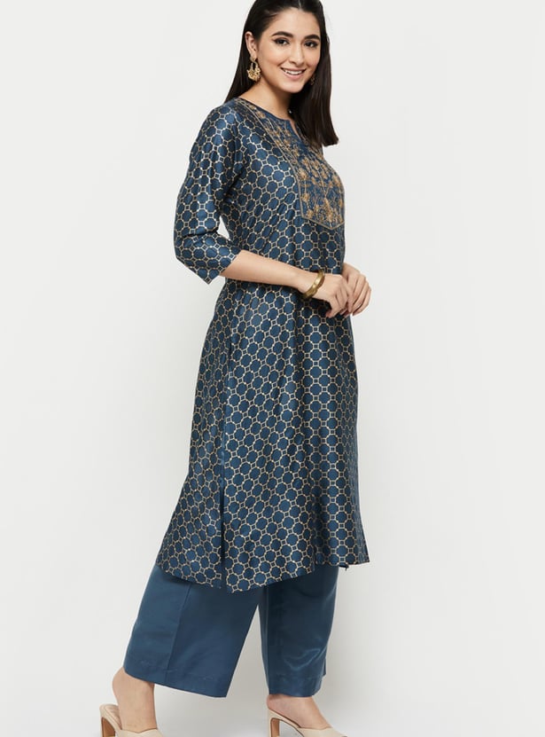 Women Embroidered Three-Quarter Sleeves Straight Kurta with Palazzos 