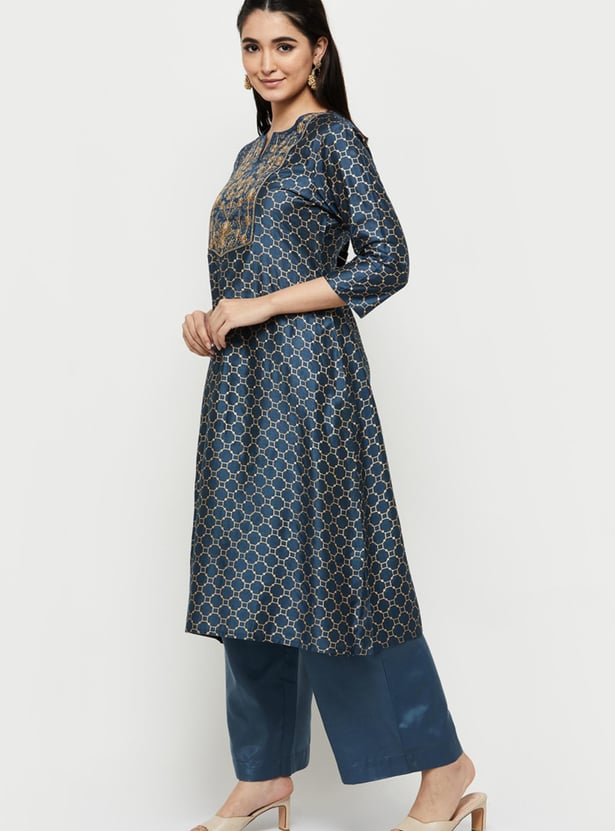 Women Embroidered Three-Quarter Sleeves Straight Kurta with Palazzos 