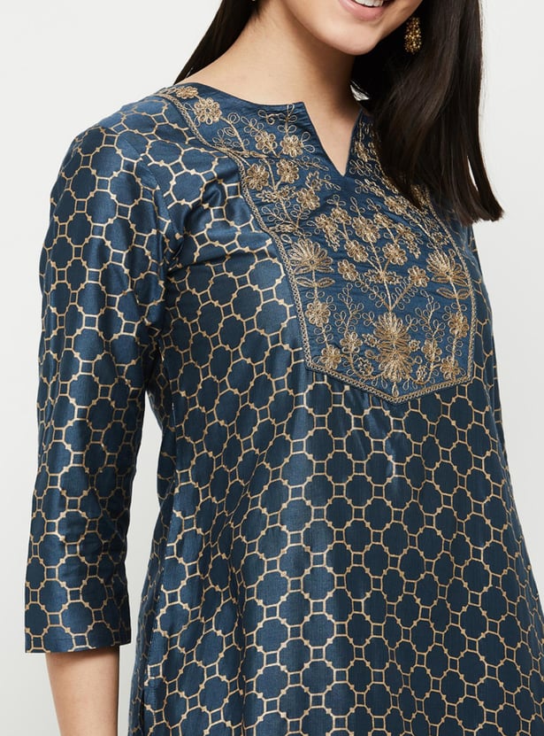 Women Embroidered Three-Quarter Sleeves Straight Kurta with Palazzos 
