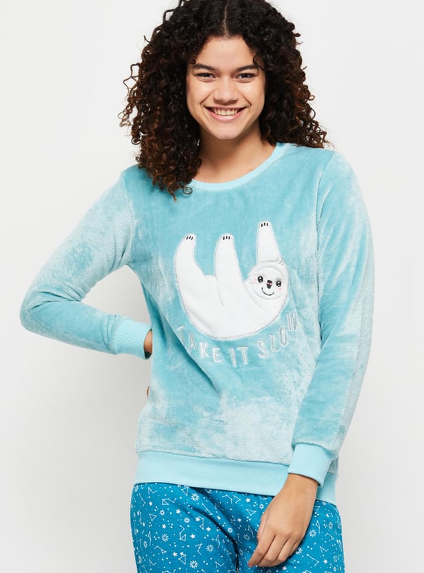 Women Applique Embroidered Crew Neck Sweatshirt