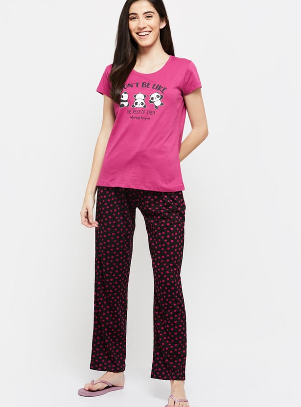 Women Printed Round Neck T-shirt With Elasticated Pyjama