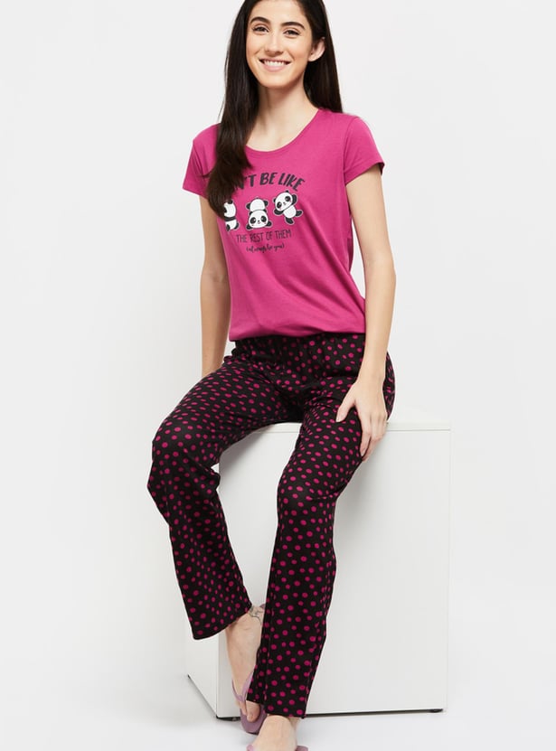 Women Printed Round Neck T-shirt With Elasticated Pyjama