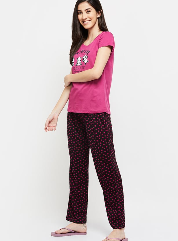 Women Printed Round Neck T-shirt With Elasticated Pyjama