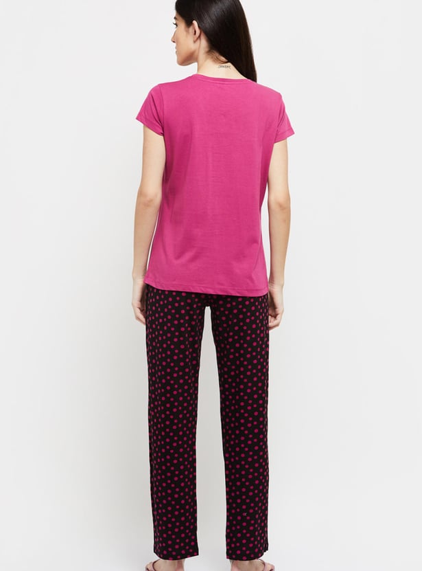 Women Printed Round Neck T-shirt With Elasticated Pyjama