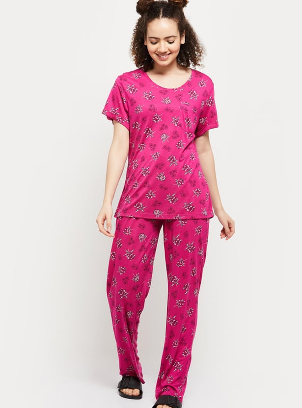Women Printed Crew Neck T-Shirt with Elasticated Lounge Pants