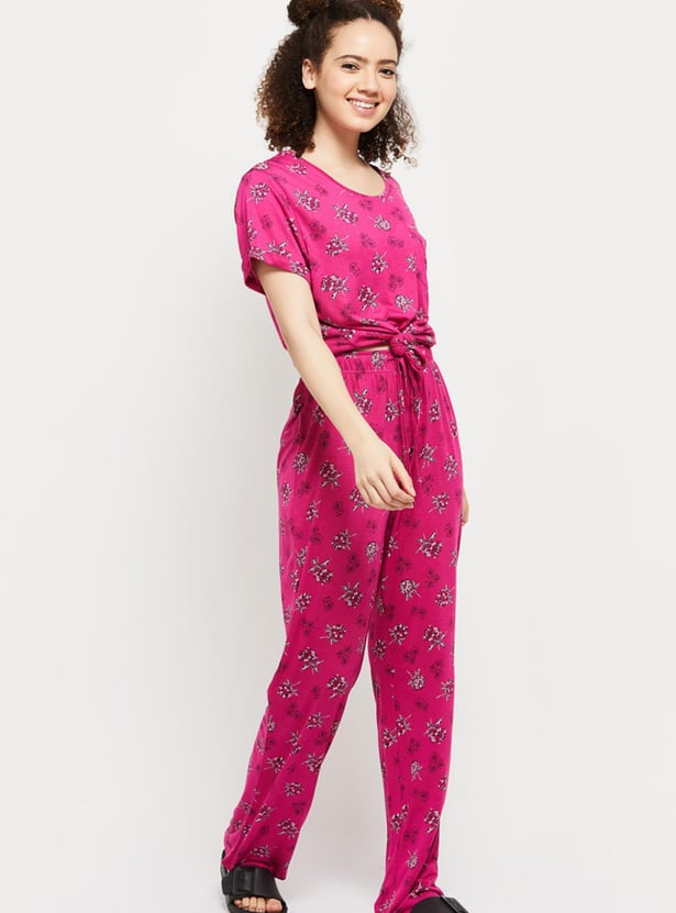 Women Printed Crew Neck T-Shirt with Elasticated Lounge Pants