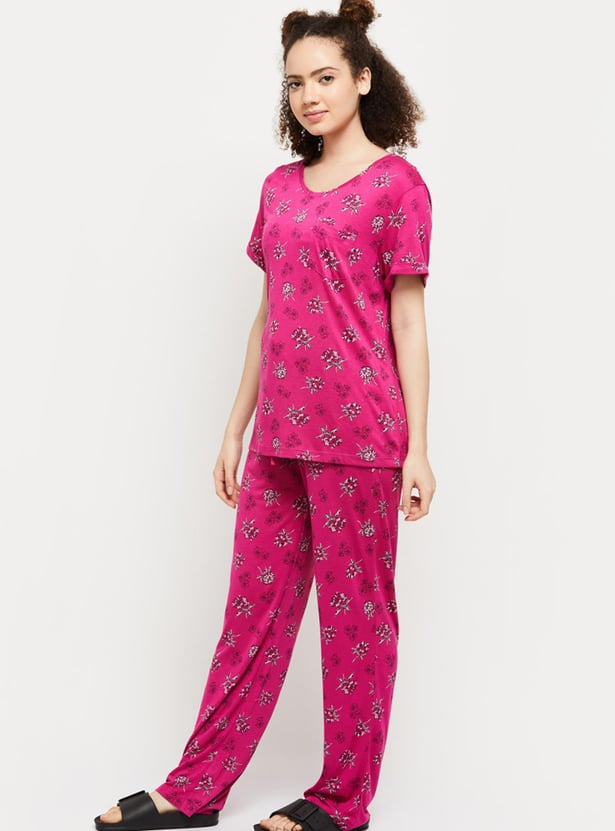 Women Printed Crew Neck T-Shirt with Elasticated Lounge Pants
