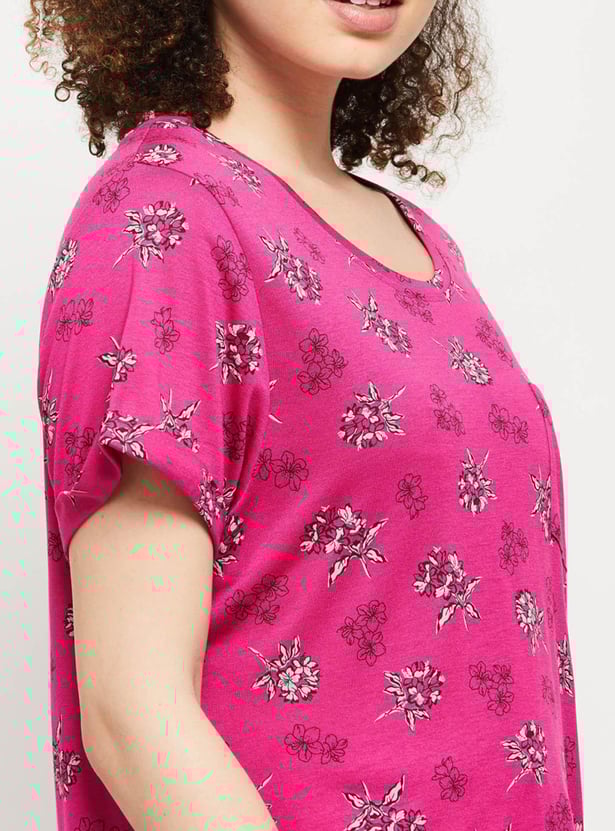 Women Printed Crew Neck T-Shirt with Elasticated Lounge Pants