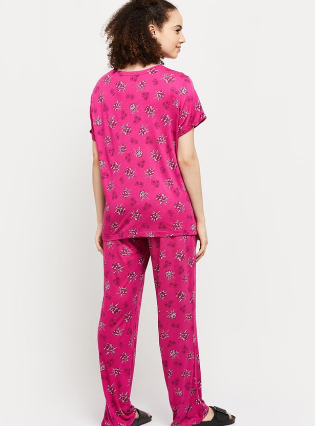 Women Printed Crew Neck T-Shirt with Elasticated Lounge Pants